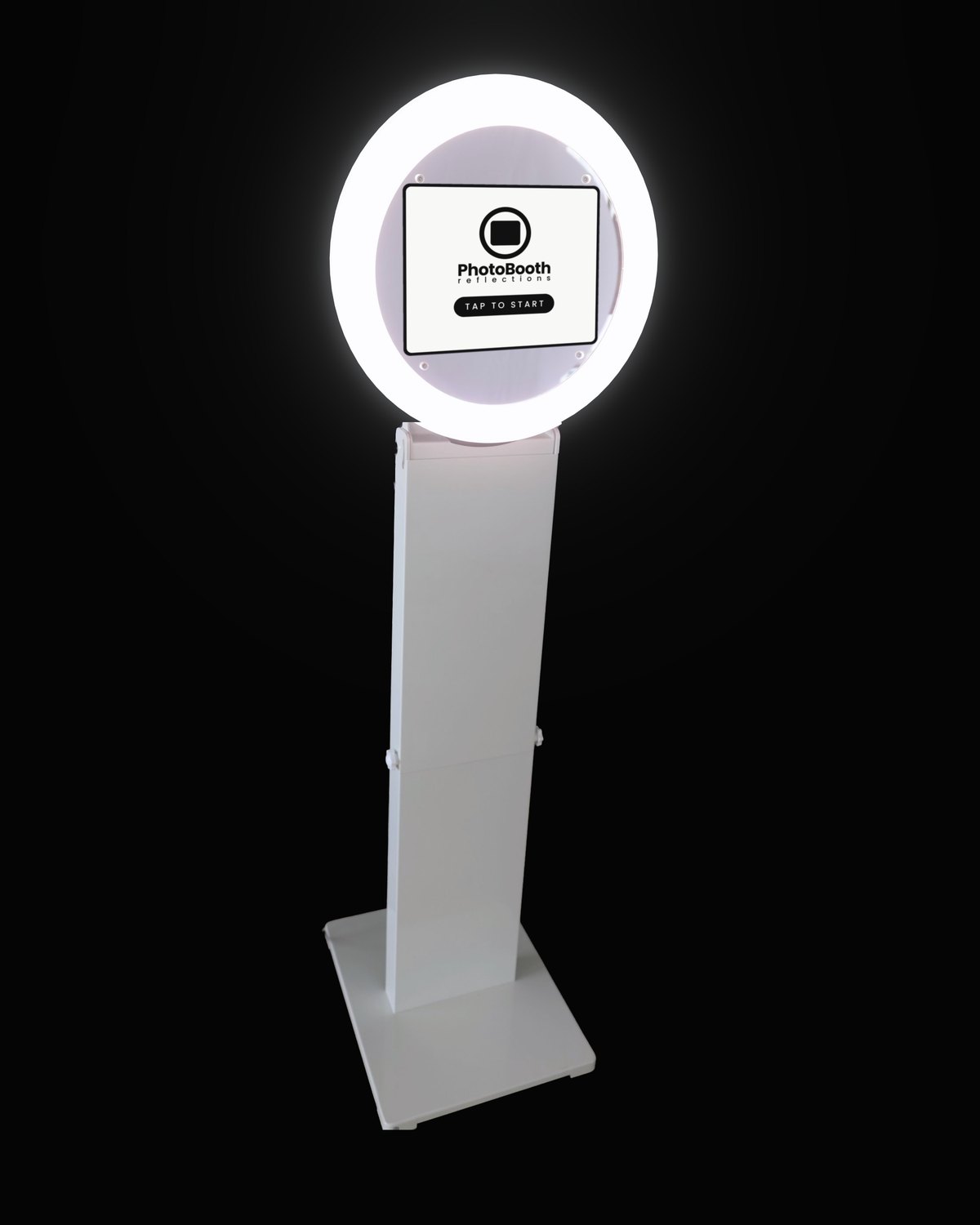The PhotoBooth Reflections booth: a tablet inside a glowing ring light on a white stand